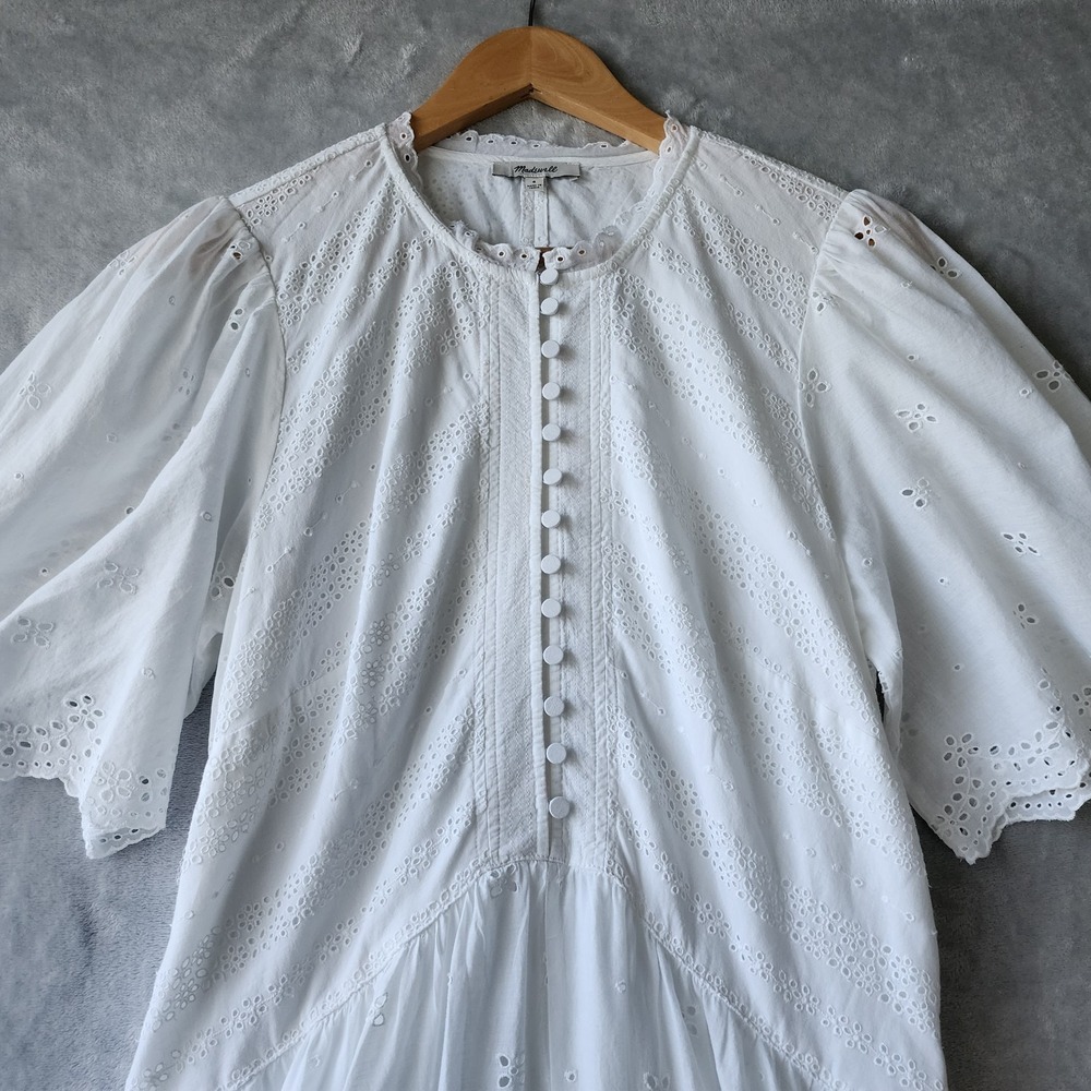 Madewell Dress Size 8 Eyelet Lace Flutter White Cotton Pockets Voile Mini NWT - Picture 4 of 12